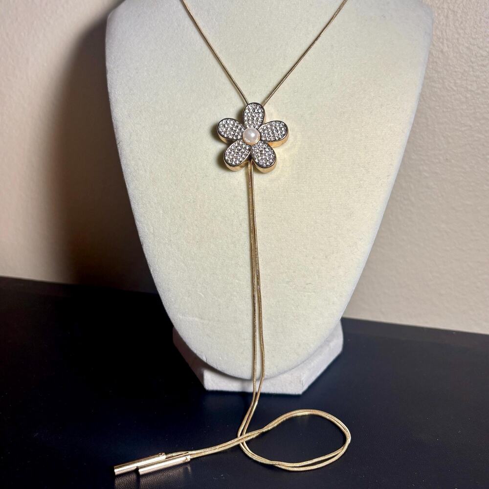 Gold Tone Rhinestone Flower Lariat Necklace with Faux Pearl Center
